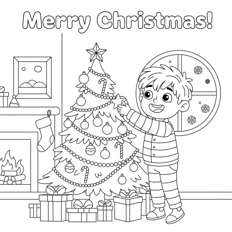 Tô màu Bé Trai Và Cây Thông Noel