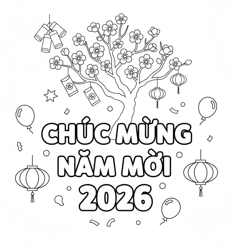 Tô màu Cây Đào Chúc Mừng Năm Mới 2026