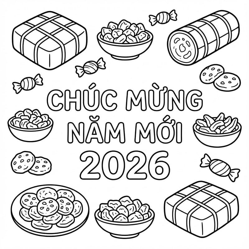 Tô màu Chúc Mừng Năm Mới 2026 Với Bánh Kẹo