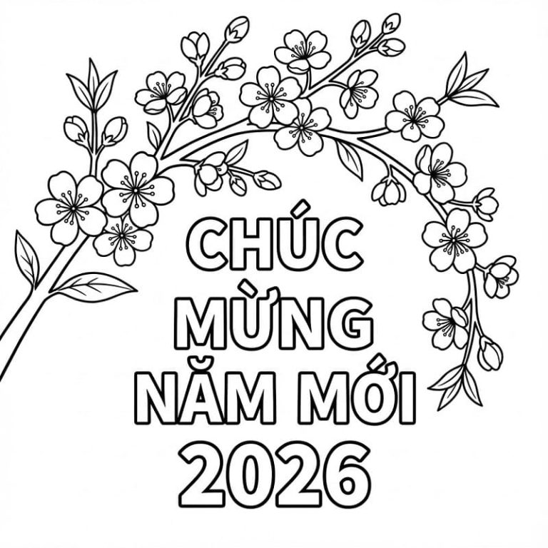 Tô màu Chúc Mừng Năm Mới 2026 Với Cành Hoa Đào