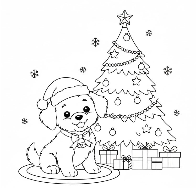 Tô màu Con Chó Đáng Yêu Và Cây Thông Noel