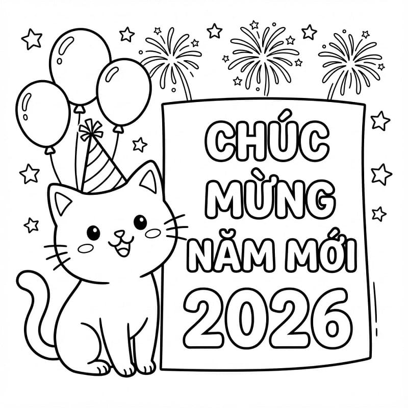 Tô màu Con Mèo Chúc Mừng Năm Mới 2026