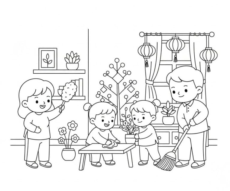 Tô màu Dọn Dẹp Nhà Ngày Tết Nguyên Đán