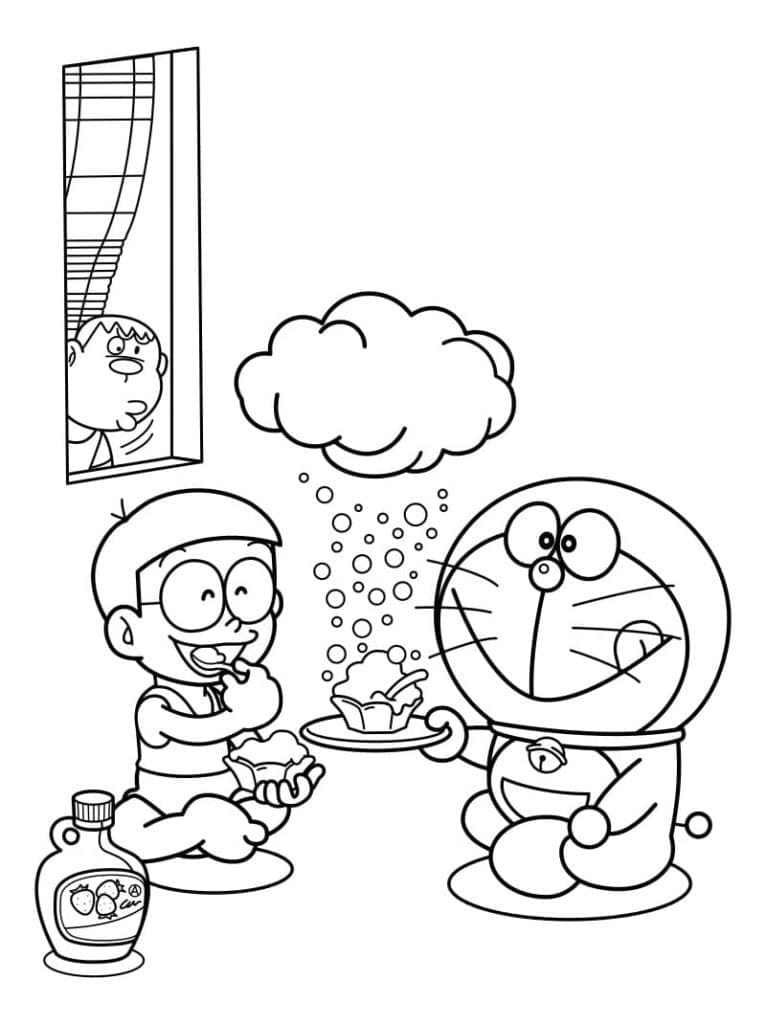 Tô màu Doraemon Và Nobita Ăn Bánh Ngọt