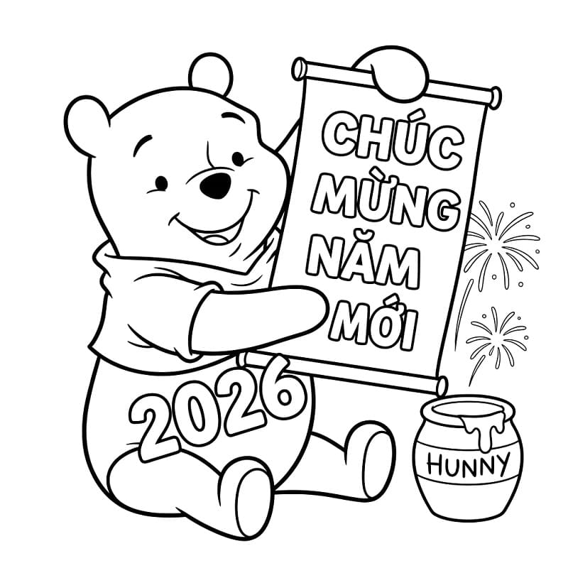 Tô màu Gấu Pooh Chúc Mừng Năm Mới 2026