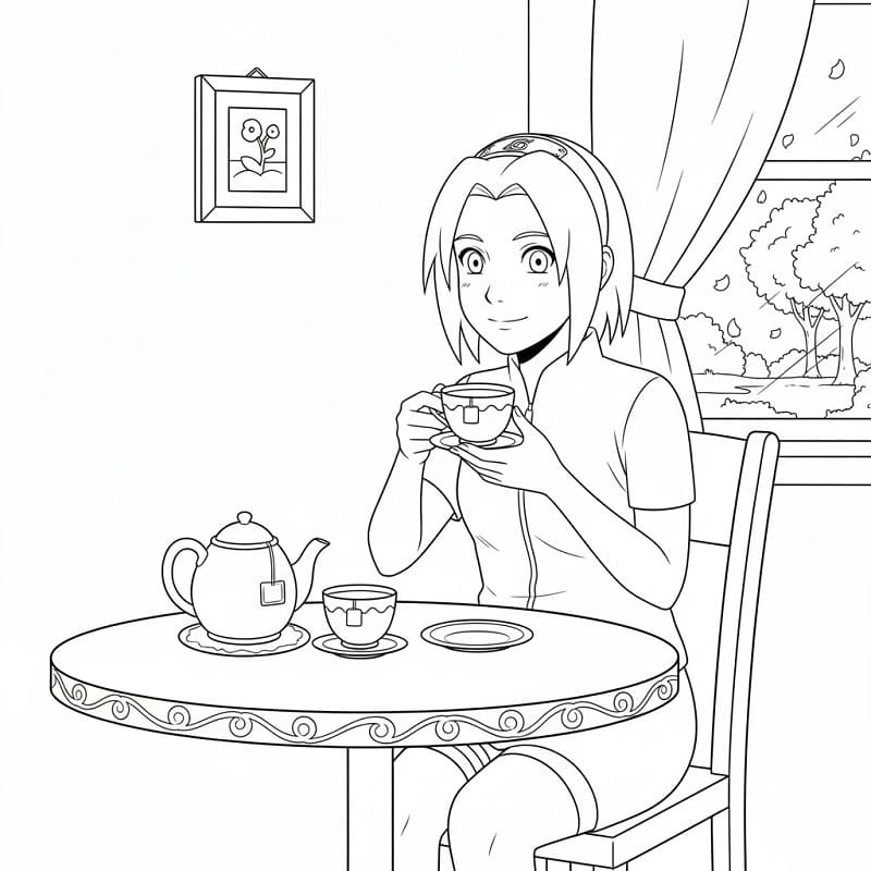 Tô màu Haruno Sakura Uống Trà