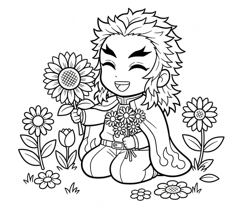Tô màu Kyojuro Rengoku trong Vườn Hoa
