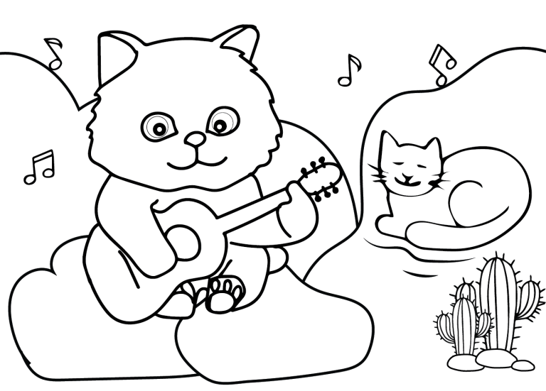 Tô màu Mèo Dễ Thương Và Đàn Guitar