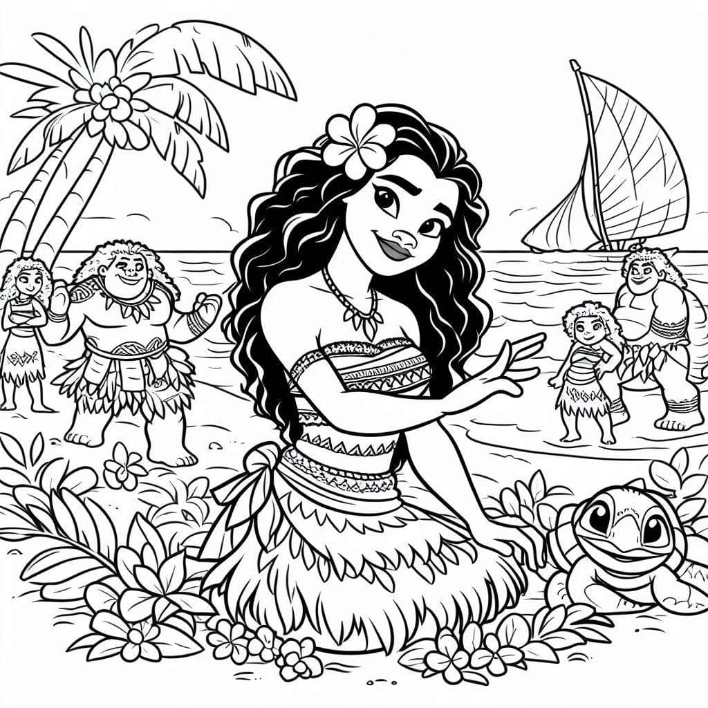 Tô màu Moana Và Mọi Người Ở Bãi Biển