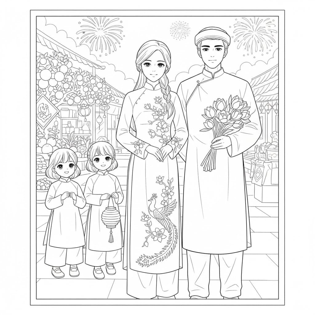 Tô màu Một Gia Đình Nhỏ Mặc Áo Dài