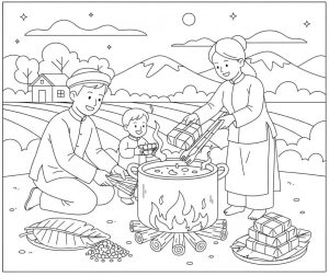 Tô màu Nấu Bánh Chưng Tết Nguyên Đán