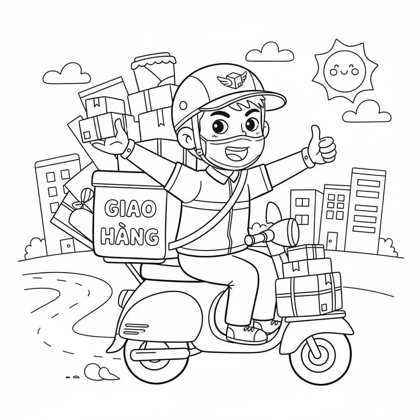 Tô màu Shipper Giao Hàng Vui Vẻ