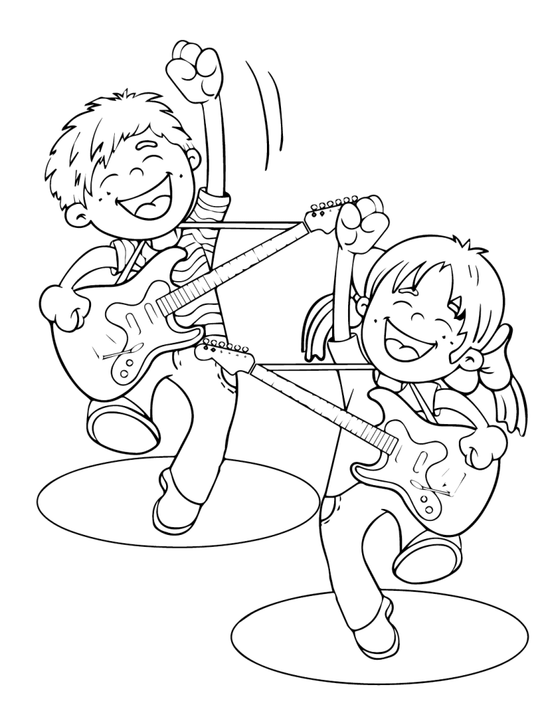 Tô màu Trẻ Em Vui Vẻ Với Đàn Guitar